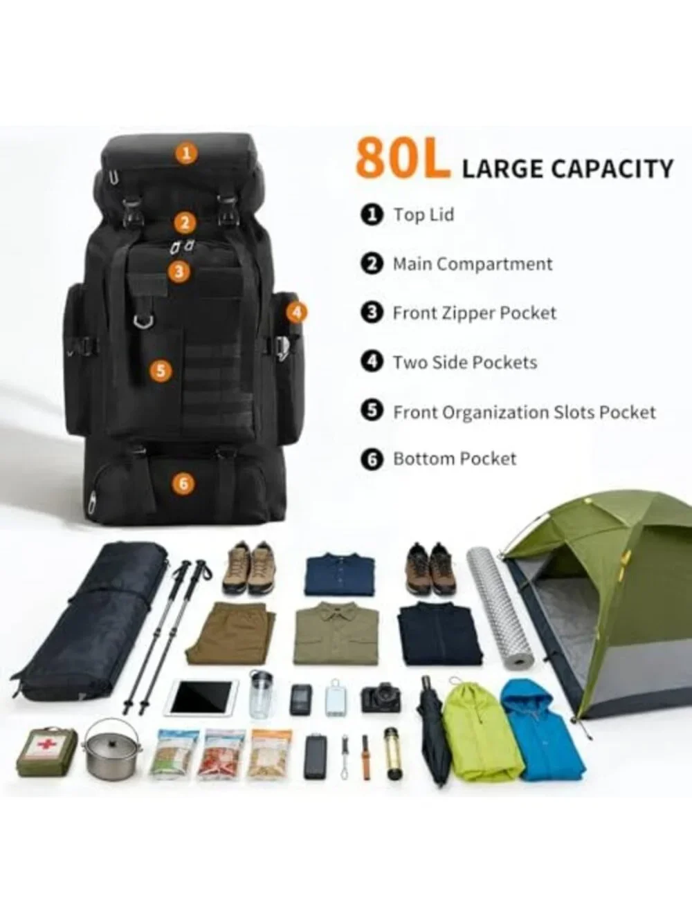 80L Waterproof Tactical Hiking Backpack for Men & Women, Large Molle Rucksack